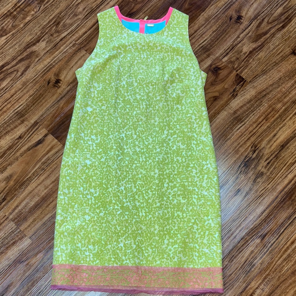 Elie Tahari Lime Green Sleeveless Shift Dress with Pink Trim